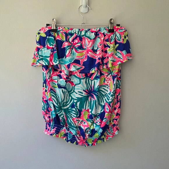 LILY PULITZER Ruffle Strapless Top | Small | Bright Floral Smocked Waist - Picture 1 of 9